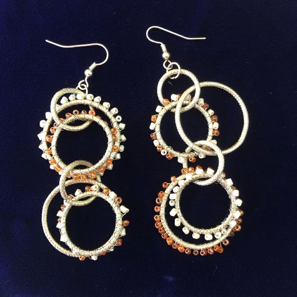 Silver Orange & White Bead Dangle Circle Earrings
